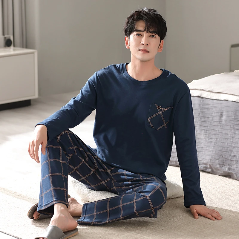 【高档纯棉】纯棉男睡衣春秋季全棉套装圆领套头居家服长袖男士睡衣