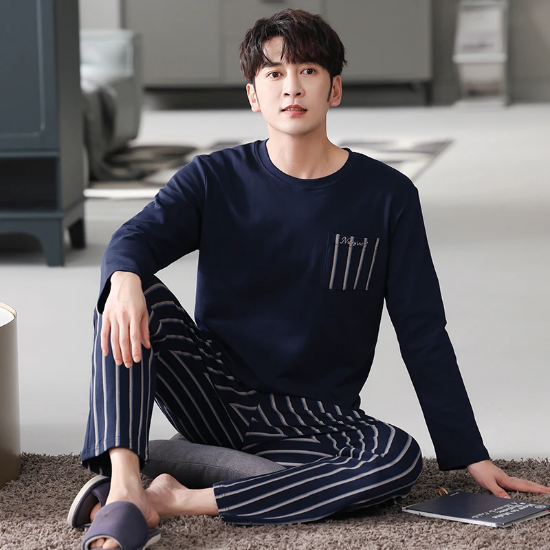 全棉男睡衣春秋季纯棉套装休闲圆领套头家居服大码爸爸装中年长袖