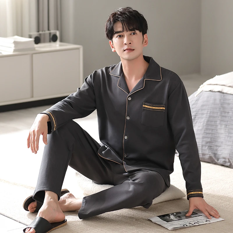 【高档纯棉】睡衣男春秋季套装翻领开衫家居服长袖全棉大码全棉青年