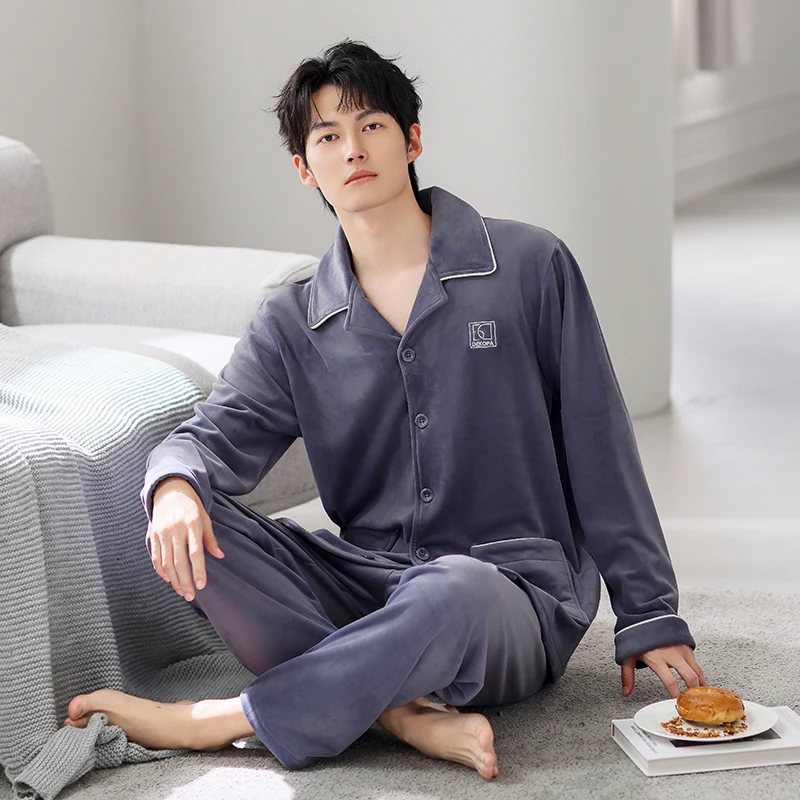 【抗静电海岛绒】男士睡衣秋冬季海岛绒翻领开衫家居服套装加厚加绒