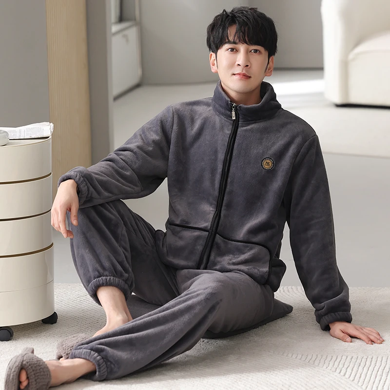 【拉链法兰绒】男士法兰绒睡衣秋冬季开衫家居服套装加厚加绒大码