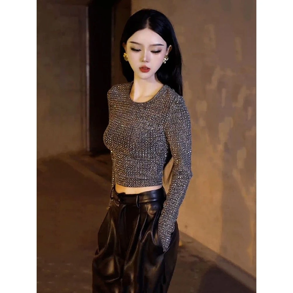 时尚闪钻设计感长袖上衣女秋季修身显瘦辣妹方领高级感百搭打底衫