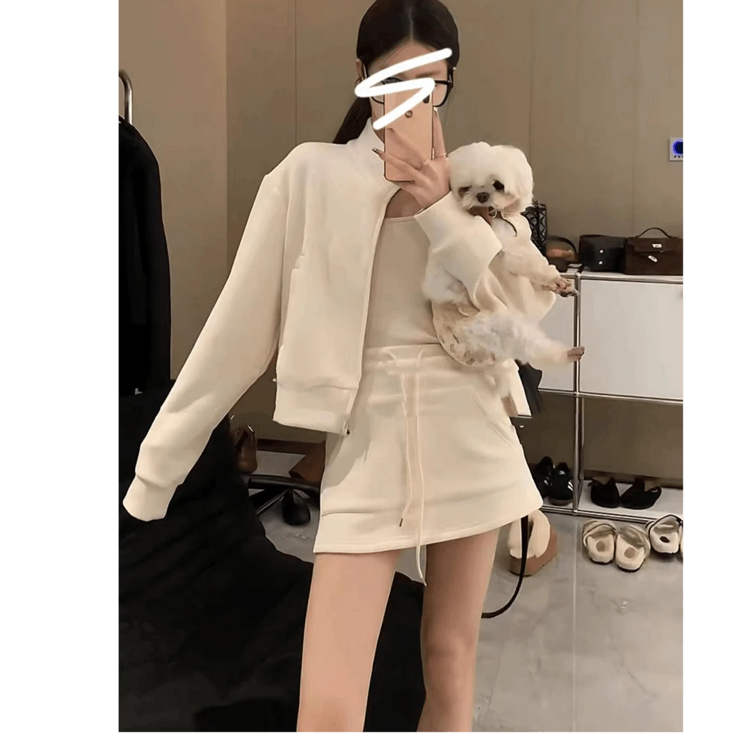 时尚套装女早秋新款宽松显瘦立领拉链外套卫衣短裙洋气百搭两件套