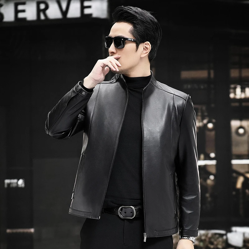 2352 牛皮立领白鸭绒加厚拉链口袋时尚修身海宁真皮皮衣外套男