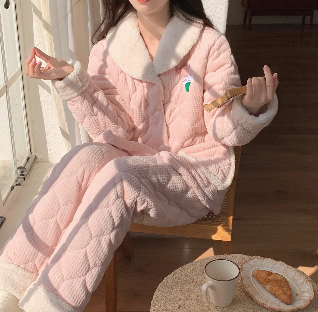 【工厂澈柜】珊瑚绒睡衣女秋冬季加绒加厚三层夹棉甜美家居服