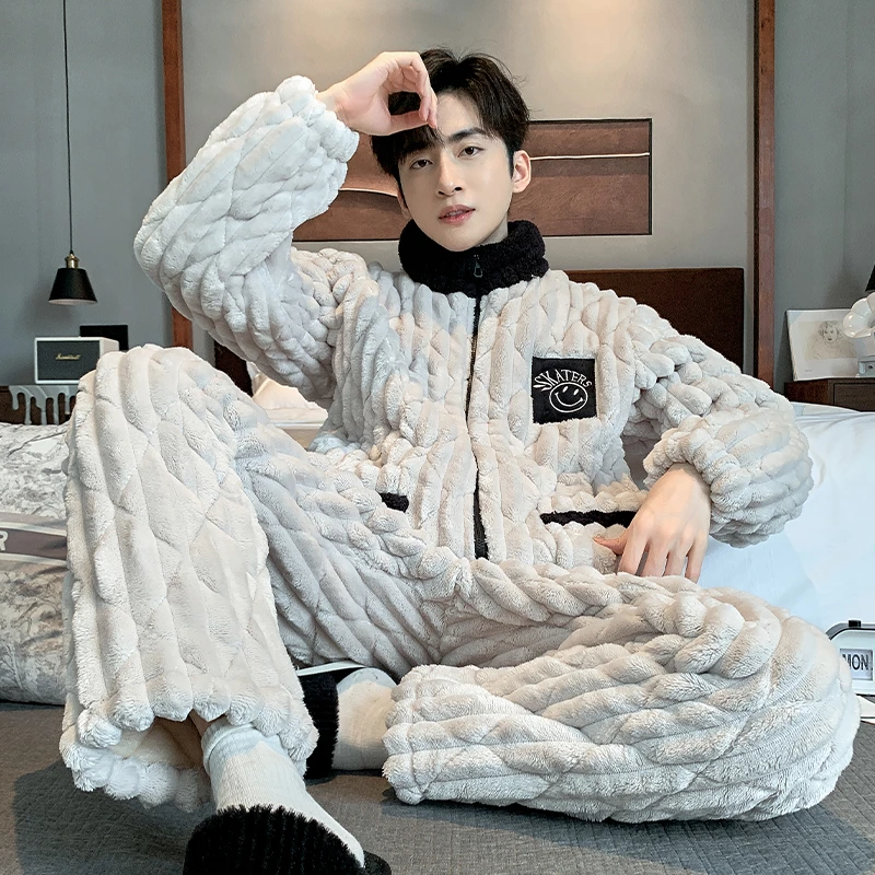 【工厂澈柜】珊瑚绒睡衣男秋冬季三层加厚夹棉简约家居服两件套装