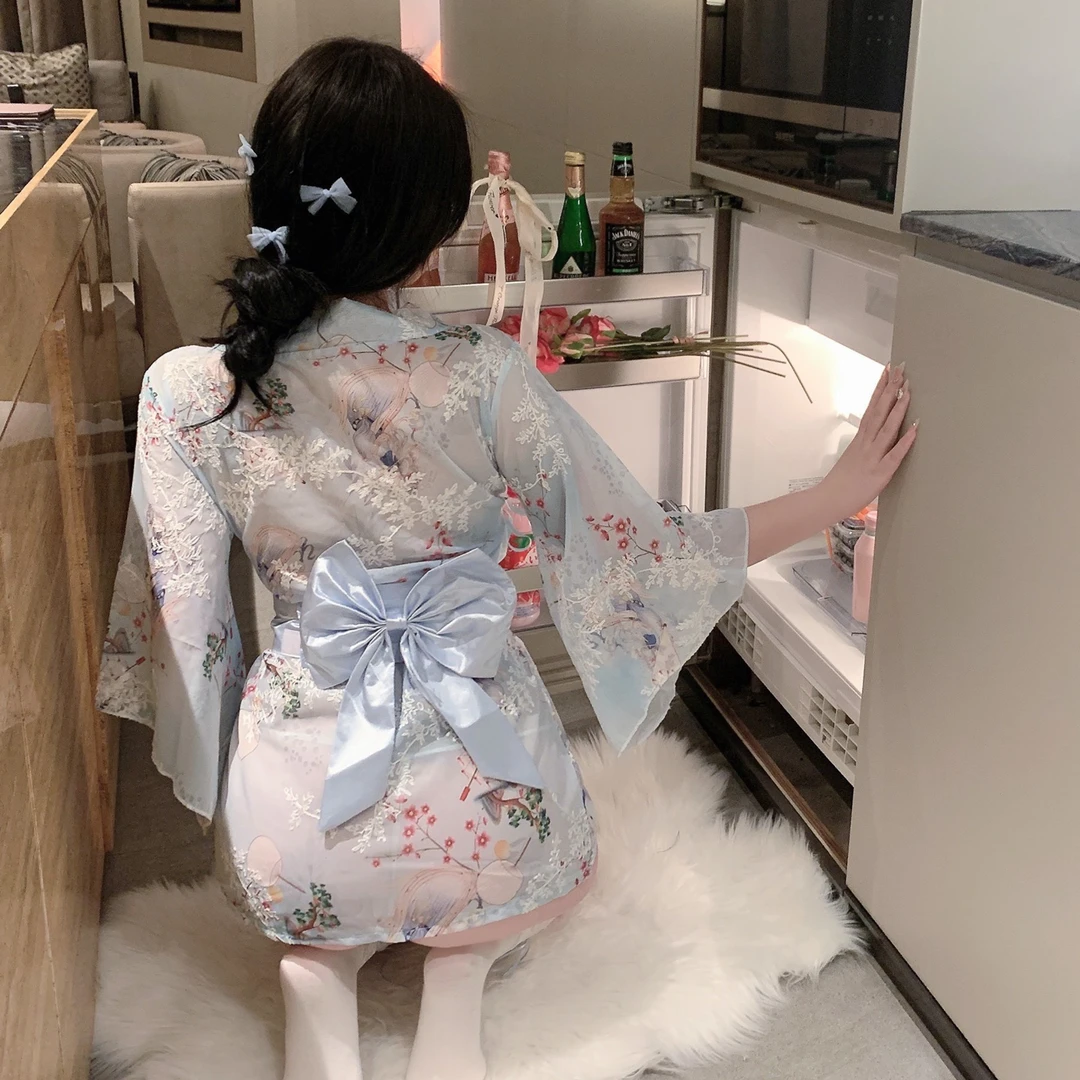 私房纯欲薄日式和服性感透视少女内衣套装家居服睡裙女开襟浴袍女