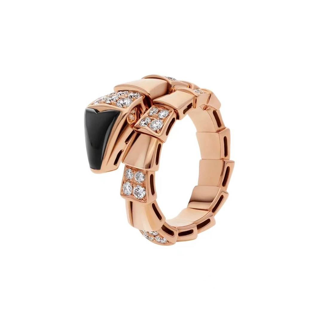 99新 BVLGARI/宝格丽 SERPENTI系列18K玫瑰金 缟玛瑙蛇头镶钻蛇戒