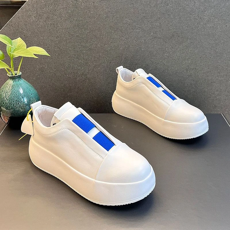 厚底增高小白鞋真皮一脚蹬懒人鞋时尚简约白色潮鞋潮流增高休闲鞋