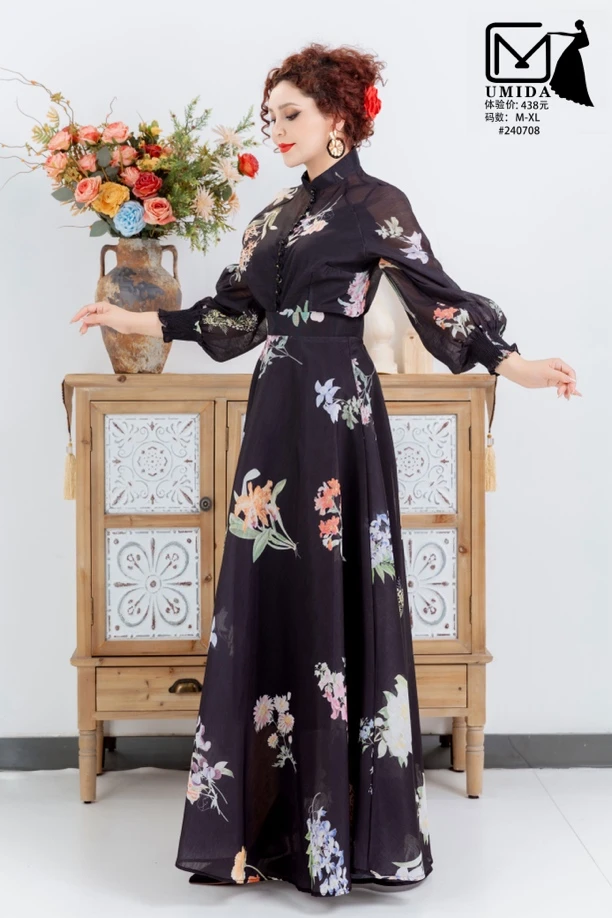 UMIDA品牌女装连衣裙显瘦气质复古古风长款中式中国风印花设计师