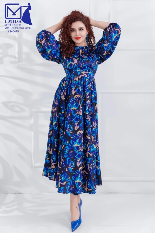 UMIDA女装爆款连衣裙女装连衣裙碎花显瘦气质长袖蓝色时尚春季