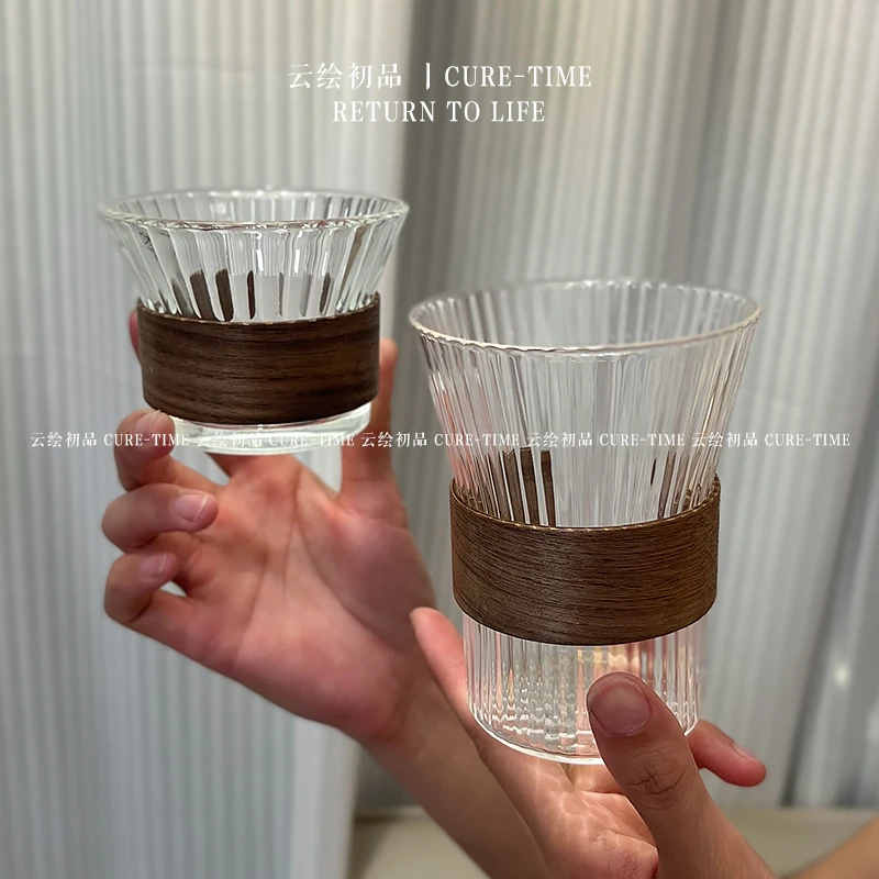 挂耳咖啡杯冰美式拿铁杯高颜值高级感女精致茶杯条纹玻璃喝水杯子