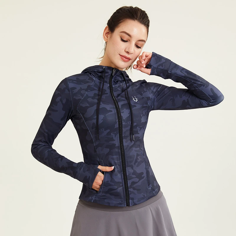 中厚款【秋季爆款 速干面料】女子跑步迷彩连帽拉链运动长袖外套