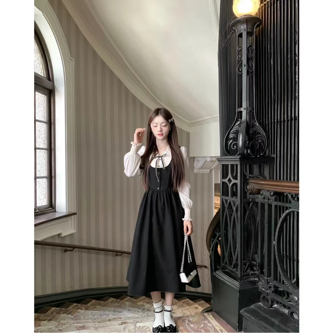 小奶盖 撞色拼接花边领假两件女秋季新款收腰显瘦减龄长袖连衣裙