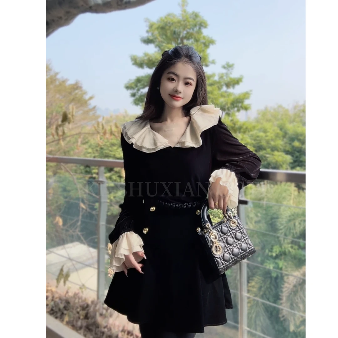 【现货】丝绒撞色宽松荷叶领上衣00124