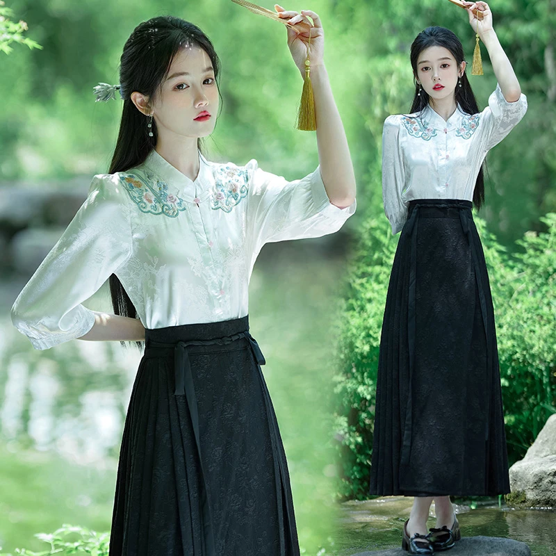新中式国风复古改良盘扣衬衫上衣旗袍女提花上衣搭配马面裙汉服