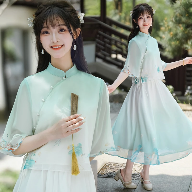 新中式复古改良旗袍上衣两件套仙气文艺少女半身裙国风立领女装