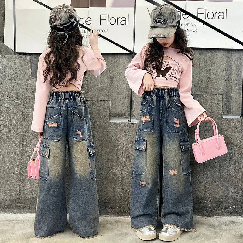 女童春款裤子2024新款儿童女韩版破洞牛仔裤中大童春装直筒阔腿裤