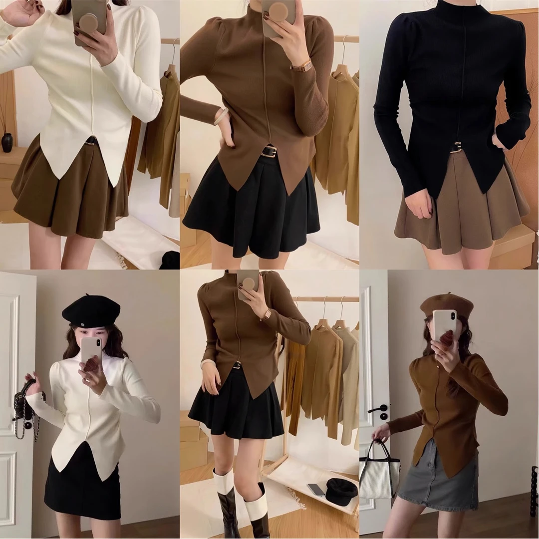 2023韩系小众半高领显瘦针织衫百搭气质开叉时尚设计感长袖针织衫