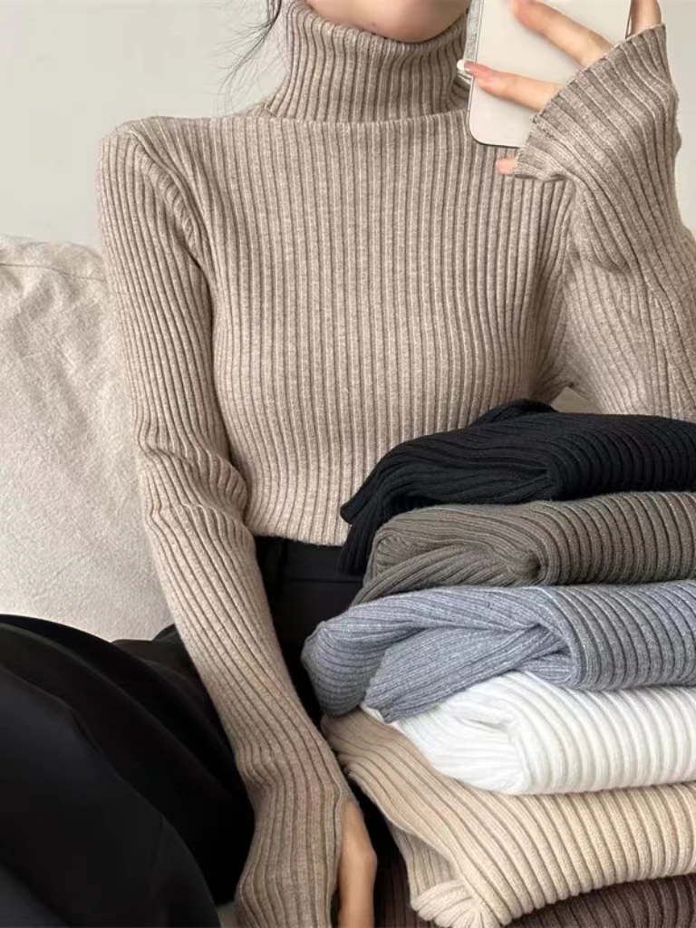 厚款堆堆领2023秋冬韩版内搭复古针织衫显瘦打底衫套拇指毛衣女