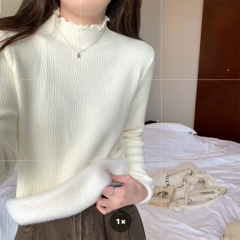 一体水貂绒半高领木耳边针织秋冬内搭打底衫保暖修身加绒加厚毛衣