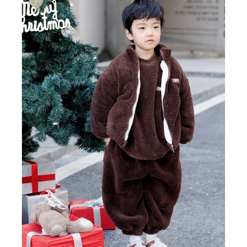 23705儿童套装加绒加厚保暖冬季中小童毛毛睡衣件三件套家居服