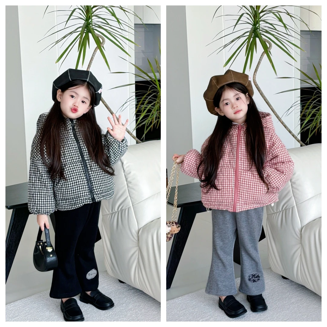 格子棉服+贴布微喇裤D24224WT+D24278K鱼子酱品牌儿童女童