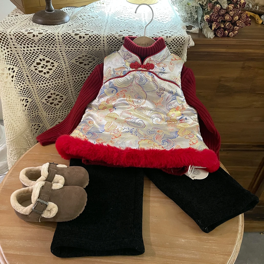 鱼子酱品牌童装儿童女童D2305MJ复古国风刺绣下摆拼毛边加棉马甲