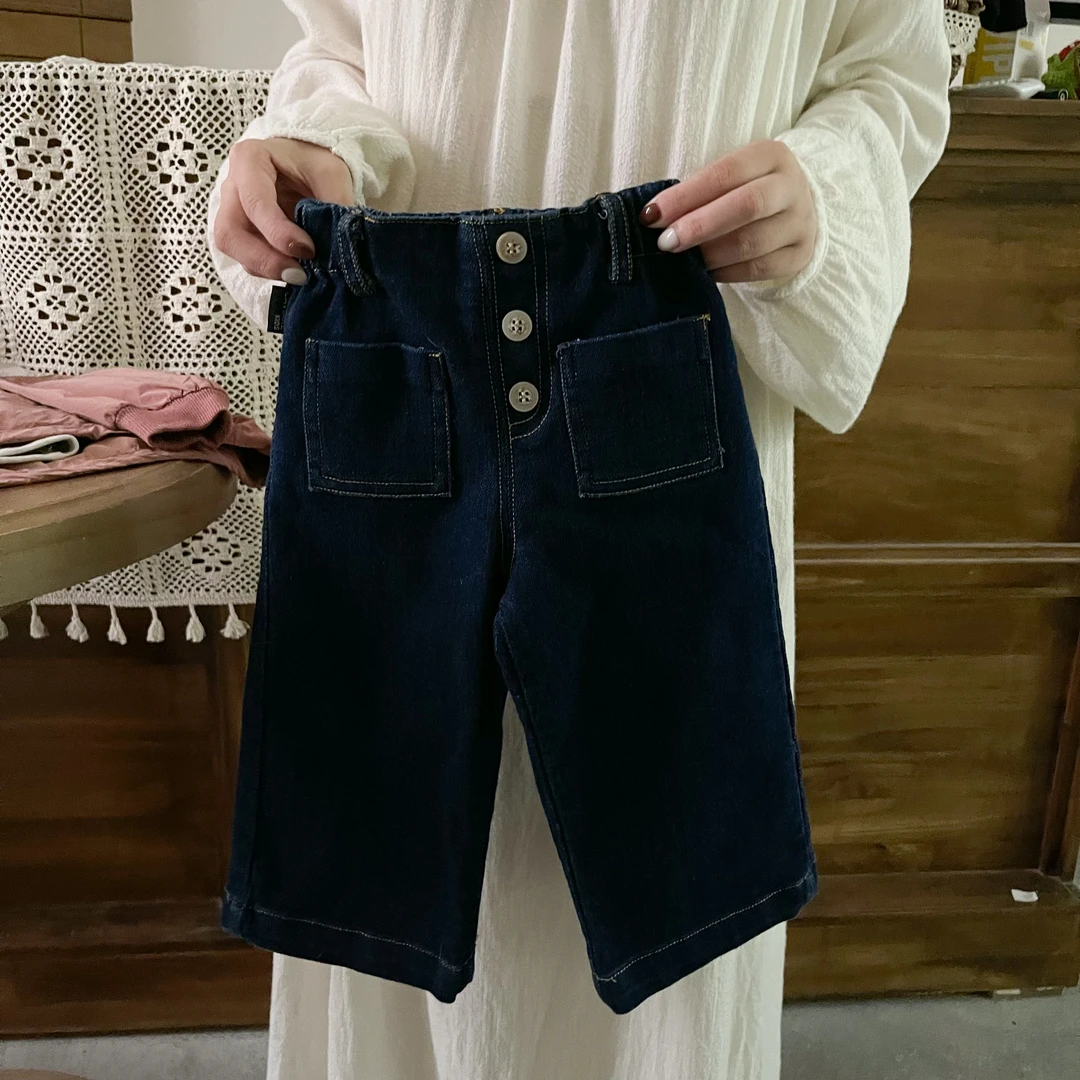 鱼子酱品牌童装女童Q2310K森系口袋牛仔直筒裤