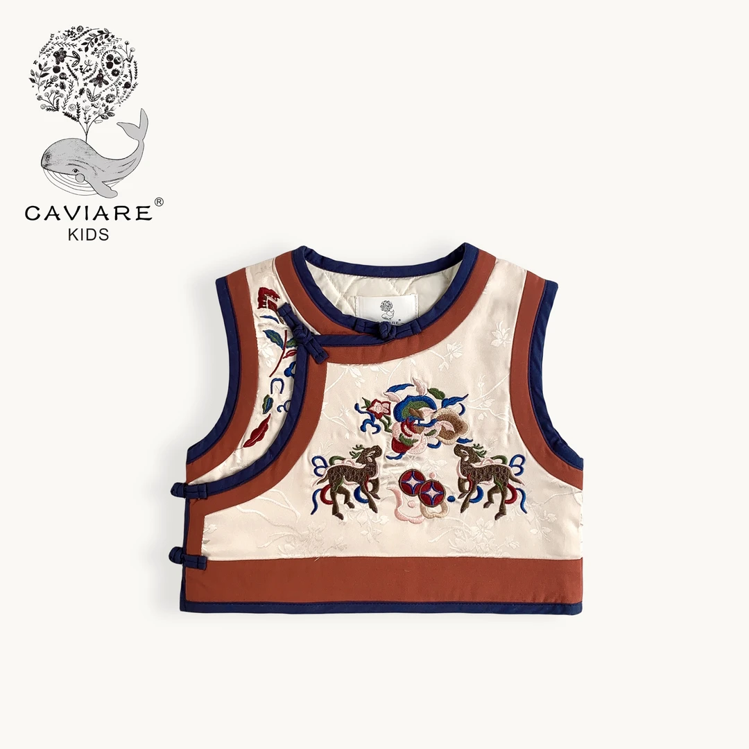 鱼子酱品牌童装儿童女童Q23185MJ森系复古精致绣花圆领加棉马甲