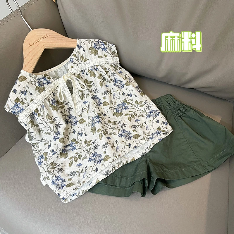 鱼子酱品牌童装 萌娃夏季穿搭 X23148T森系碎花圆领无袖小衬衫