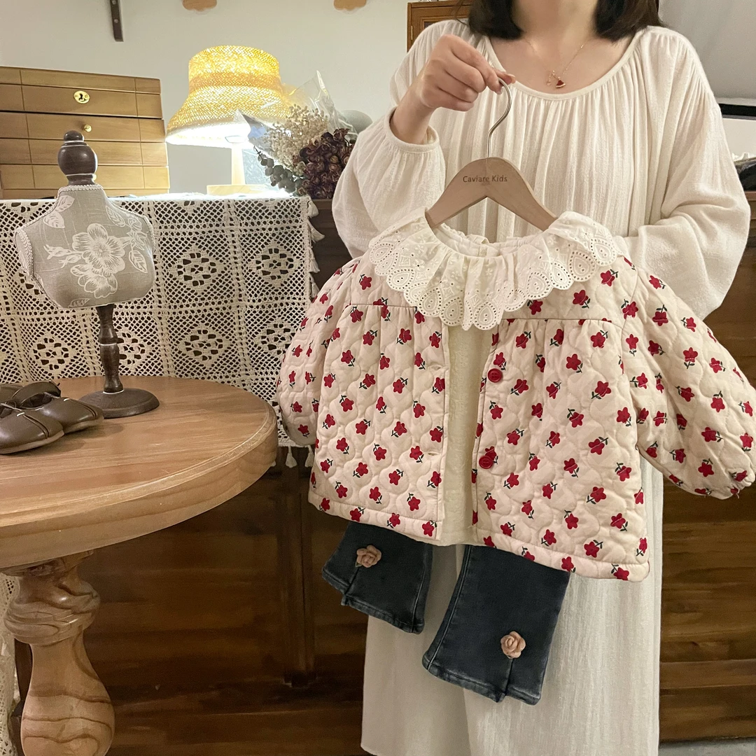鱼子酱品牌童装儿童女童QK23148WT森系甜美小花朵加绒外套棉衣