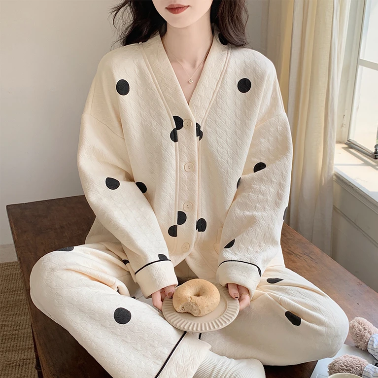 夹层空气棉睡衣女秋冬加厚款长袖开衫套装简约休闲女士保暖家居服