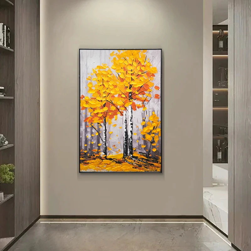高端砂岩厚油肌理手工油画入户玄关装饰画铝合金框挂画黄金树593