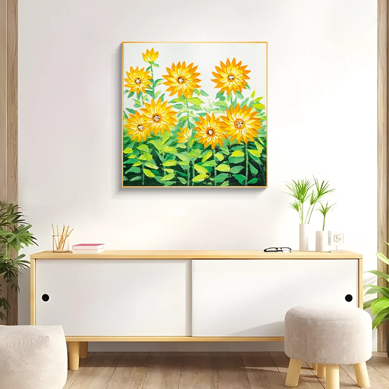 奶油风玄关装饰画客厅沙发背景墙高级感手工油画小清新向日葵8080