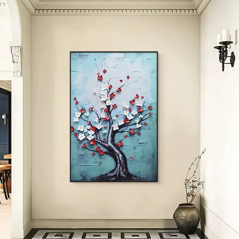 砂岩厚油肌理油画 立体花卉挂画客厅装饰画入户玄关壁画梅花626