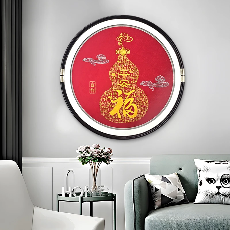 中式玄关实物立体装饰画 实木钢化玻璃圆形刺绣百福挂画 福31