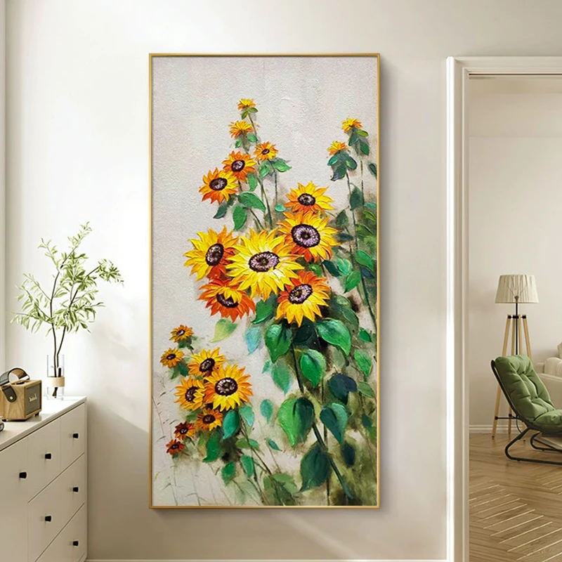 砂岩厚油肌理画手工油画入户玄关装饰 立体走廊过道挂画向日葵274