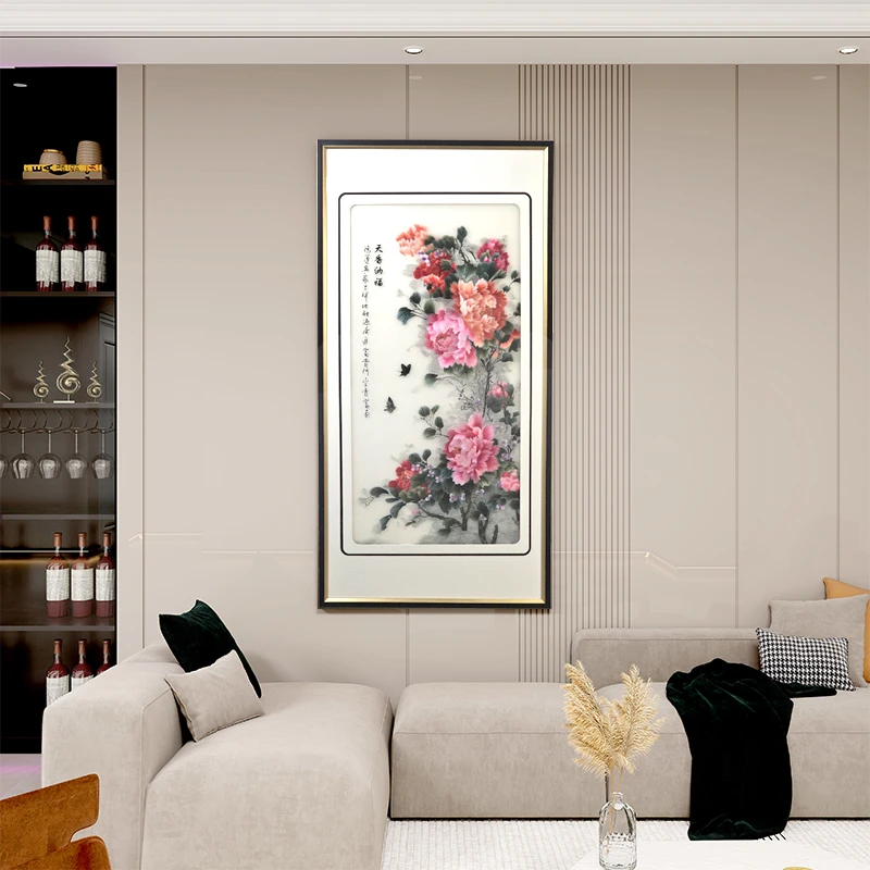 新中式高端立体手工刺绣装饰画 客厅办公室撒背景玄关挂画花80160