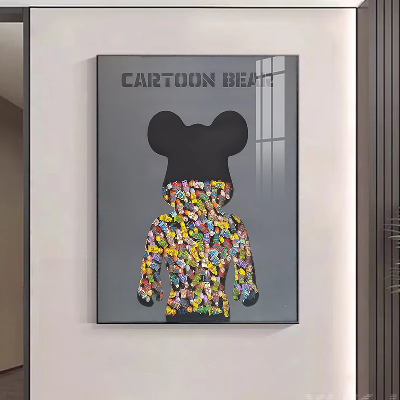 立体实物积木装饰画 高端钢化玻璃装裱 铝合金边框挂画熊6080