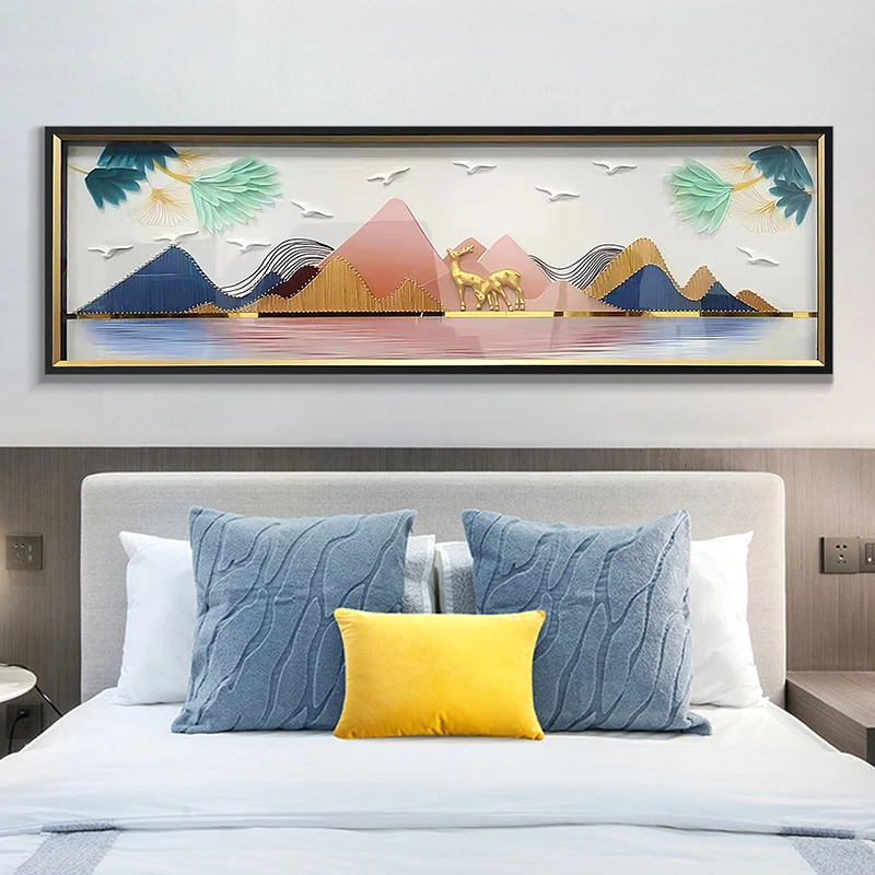 装饰画端立体实物画卧室客厅沙发背景镶嵌小鹿山水50150