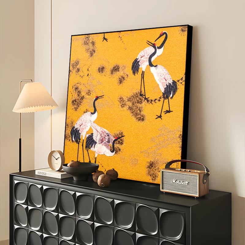 中国风松鹤客厅砂岩装饰画餐厅饭厅壁画新中式禅意挂画仙鹤8080