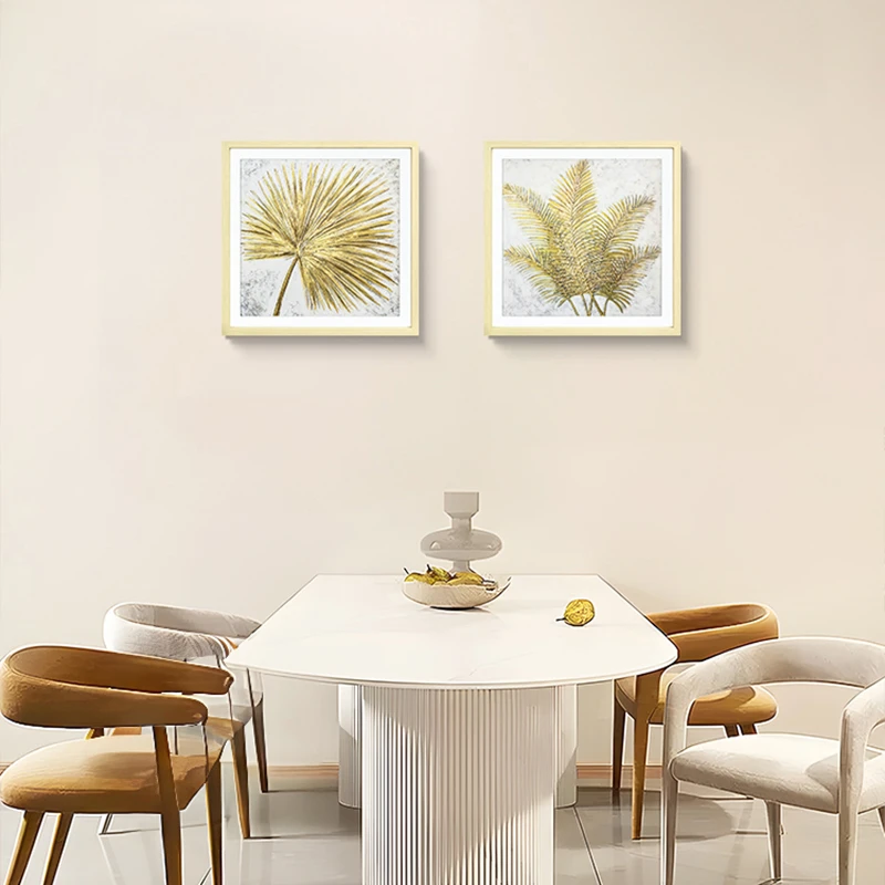 现代轻奢餐厅正方形玄关 两联装饰画客厅背景墙高端挂画叶子4040