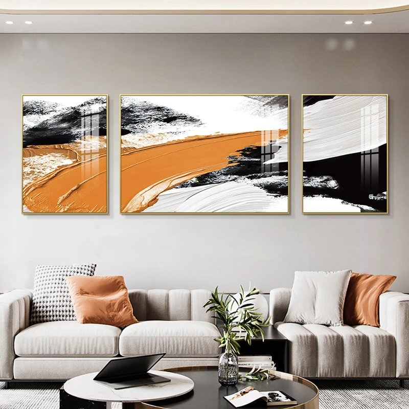 客厅抽象装饰画黑白橙艺术挂画沙发背景墙壁画抽象三联55