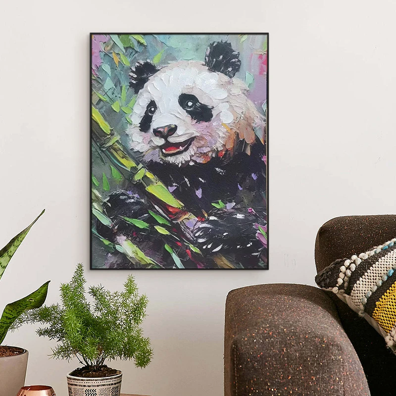 砂岩厚油肌理画中国风玄关走廊挂画客厅现代轻奢装饰画熊猫353