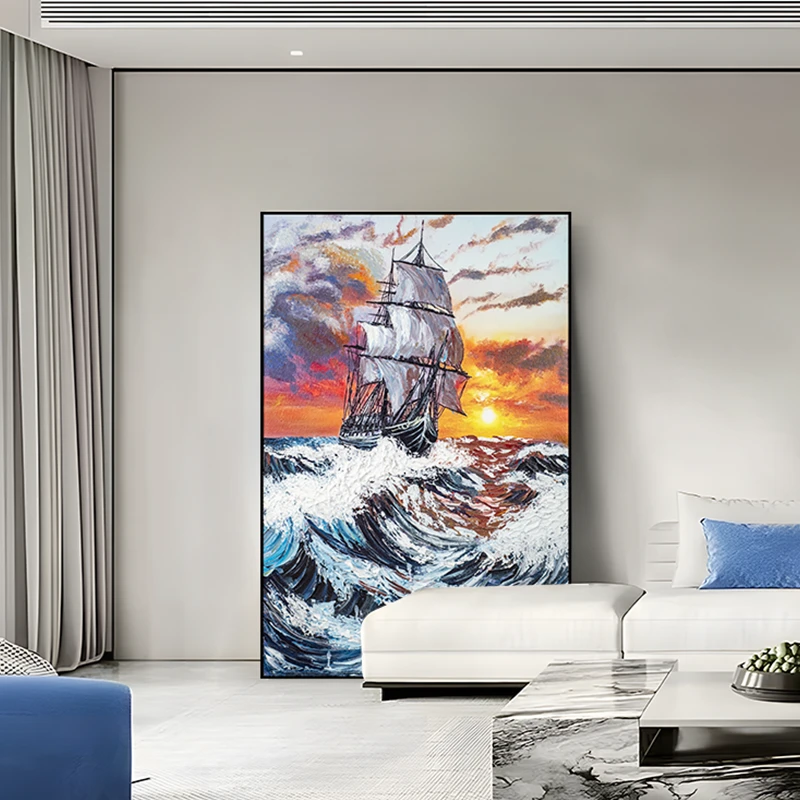 一帆风顺客厅装饰抽象艺术手工油画沙发背景落地画玄关船100150