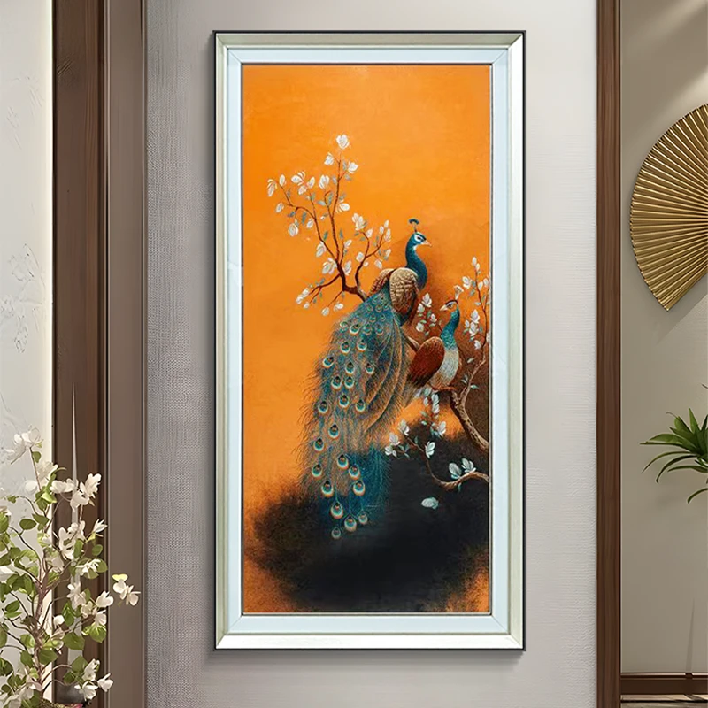 刺绣立体实物装饰画苏绣入户玄关挂画钢化玻璃装裱挂画孔雀14