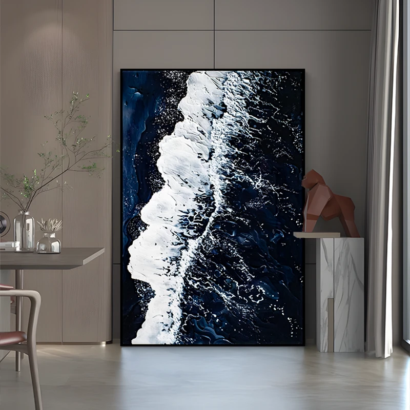 现代简约新款黑白晶瓷画挂画客厅背景墙玄关卧室装饰画海浪80120