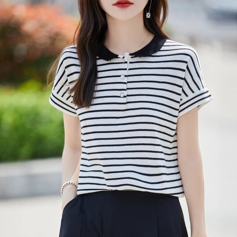 夏季新款100%新疆长绒棉女士针织短袖娃娃领条纹拼色宽松打底衫