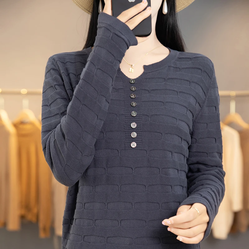 秋季新款长袖针织衫女半开领纽扣薄款打底衫宽松显瘦时尚套头洋气